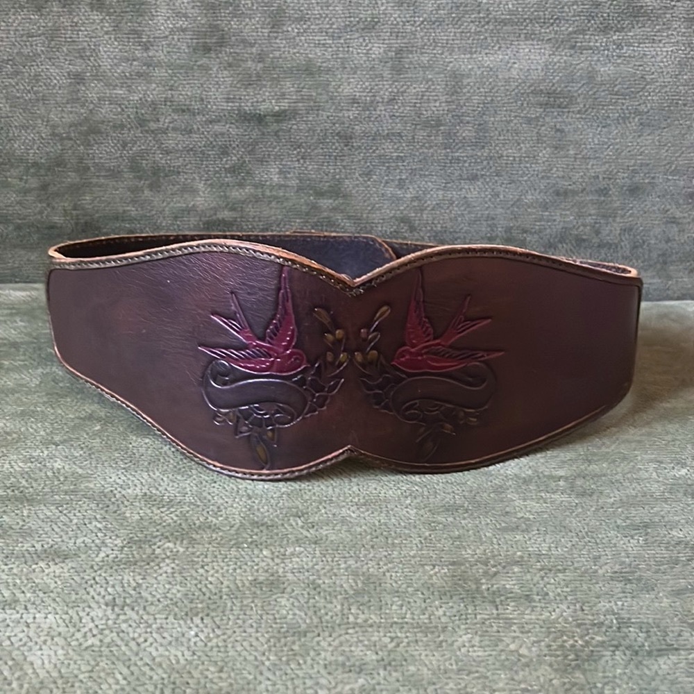 Leather Top Shop Belt from Anthropologie, Size Small, Sparrow etching